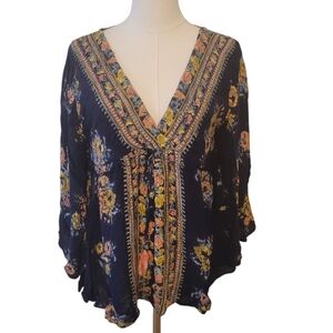 Angie Black Floral Gypsy Peasant Top Size Small